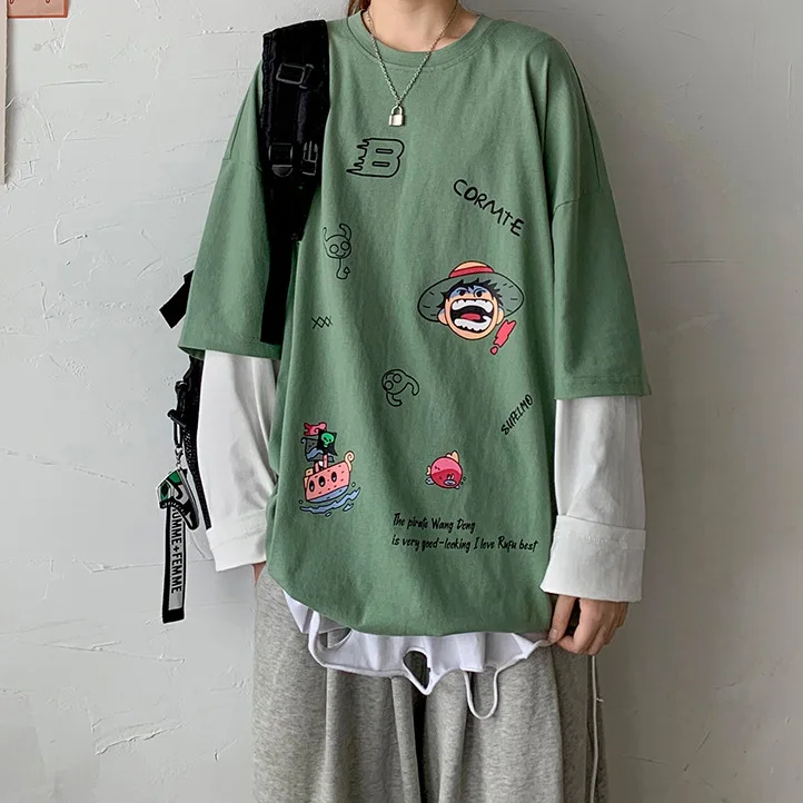 

Anime One Piece Luffy T-shirt Spring Autumn Long-sleeved Men's Tshirt Korean Loose Fake Two-piece Hip-hop Couple Streetwear Tops