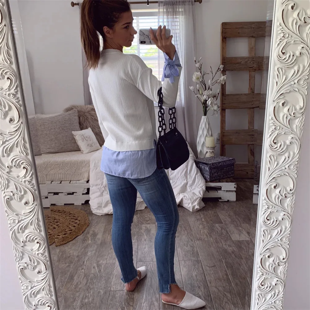 

Ladies Women Blouse Spring Winter Round Neck Long Sleeve Tops Casual Shirt Striped Patchwork 1PC