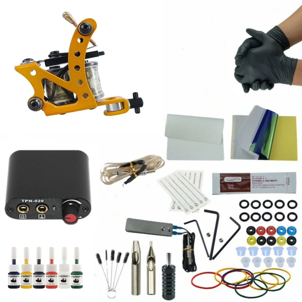 Полный набор для татуировки один пистолет тату машинки 6 цветов чернил блок