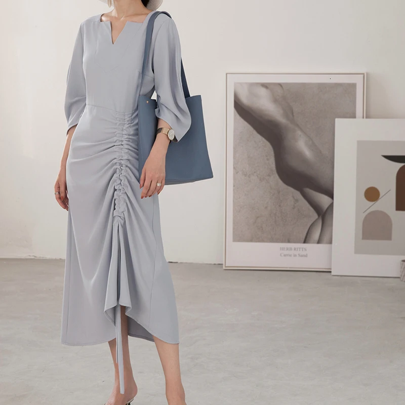 GALCAUR Drawstring Ruched женские платья три четверти рукав с высокой талией Асимметричные осенние платья Женская мода одежда