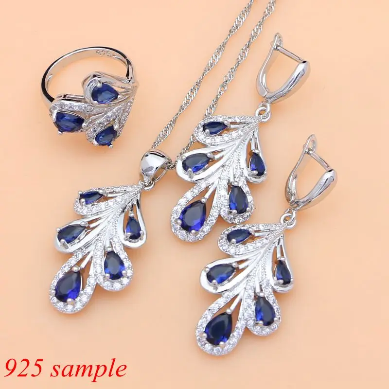 925 Sterling SilverJewelry Set Blue Sapphire White Crystal Costume for Women Stones Leaves Earrings Rings Bracelet Necklace Set images - 6