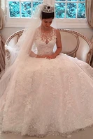 beautiful full lace wedding dress sheer neck sleeveless applique wedding ball gown button back sweep train bridals wedd