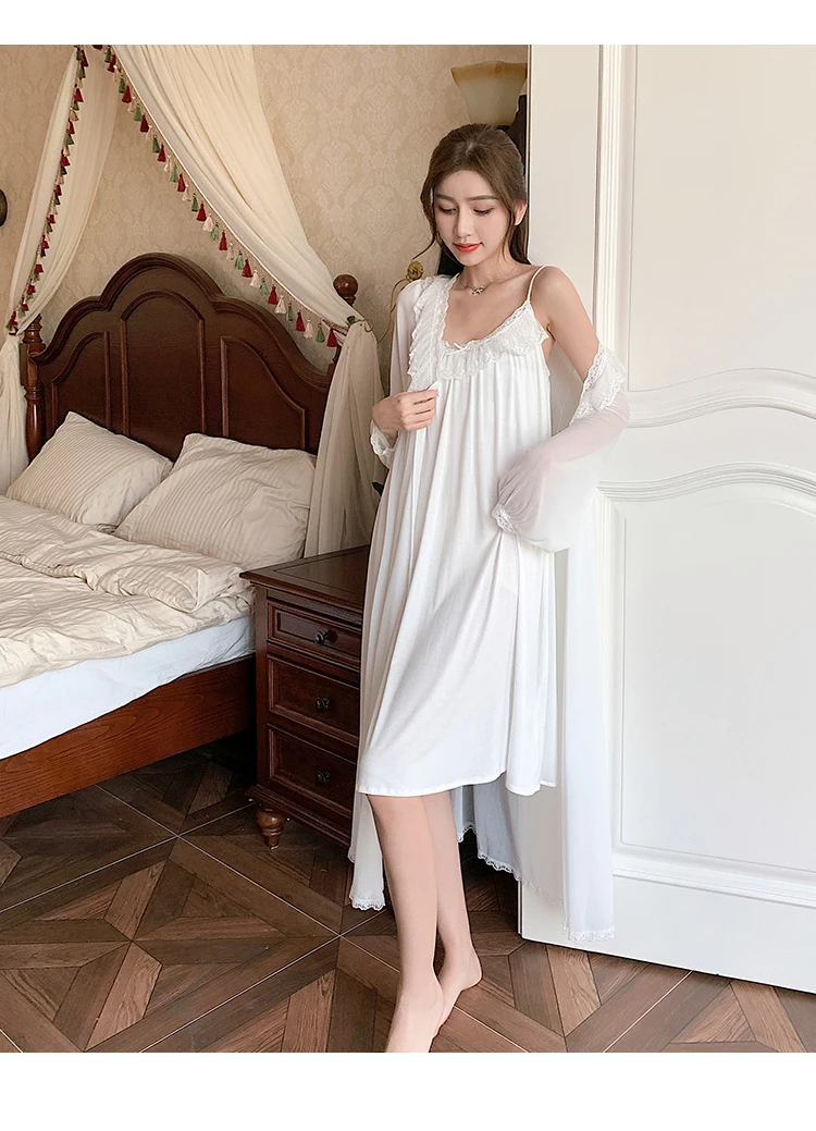 

Nightdress for Women 2021 Spring/Autumn New Modal Mesh Camisole Nightdgown 2-Piece Set Sweet Court Style Robes Sleeping Dress