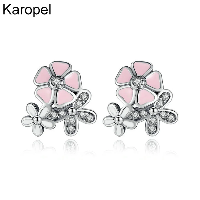 

Authentic 100% 925 Sterling Silver Earrings for Women Pink Enamel Poetic Daisy Cherry Blossom Stud Earring Fashion Jewelry Gift