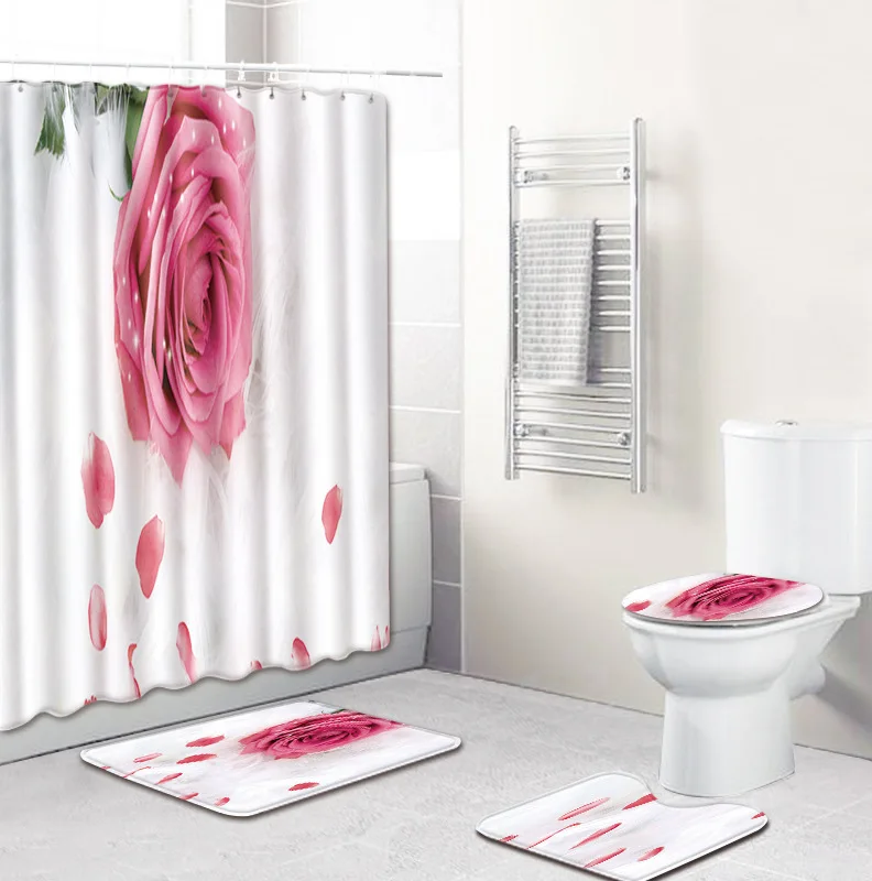 

Flower Print Bath Mat and Waterproof Shower Curtain Set Bathroom Carpet Rug Memory Foam U-Shaped Toilet Rug Non-slip Foot Mats