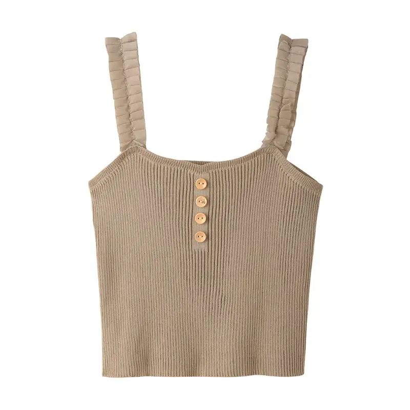 

Women Summer Sleeveless Tank Top Ruffles Wide Straps Ribbed Knitted Camisole Plain Solid Color Buttons Decor Slim Vest
