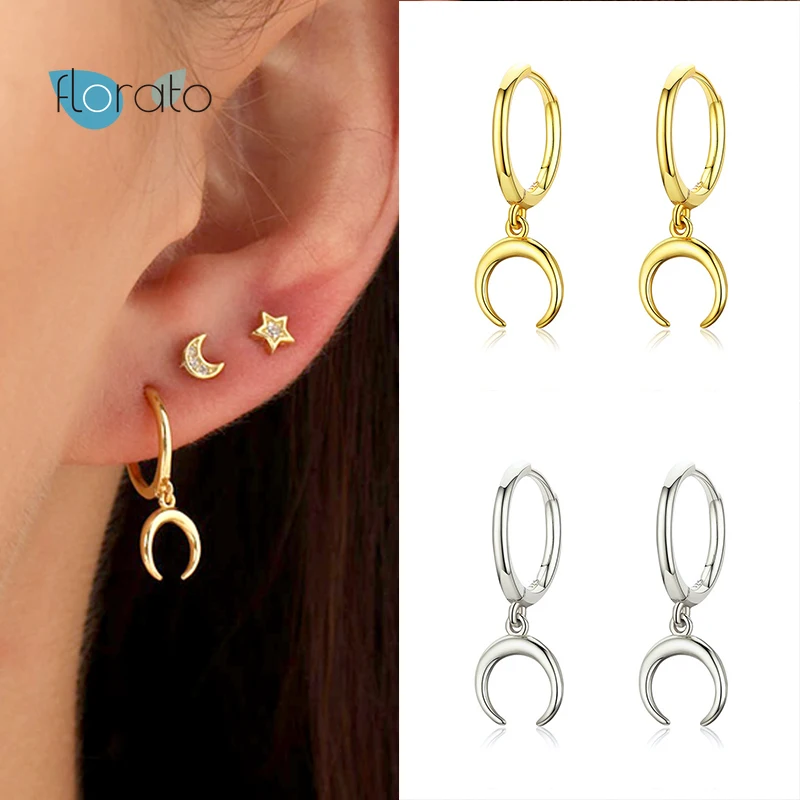 

YUXINTOME 925 Sterling Silver Gold Horn Huggie Earring Drop Moon Pendant Hoops Women Loops Circle Ring Earring Fashion Jewelry
