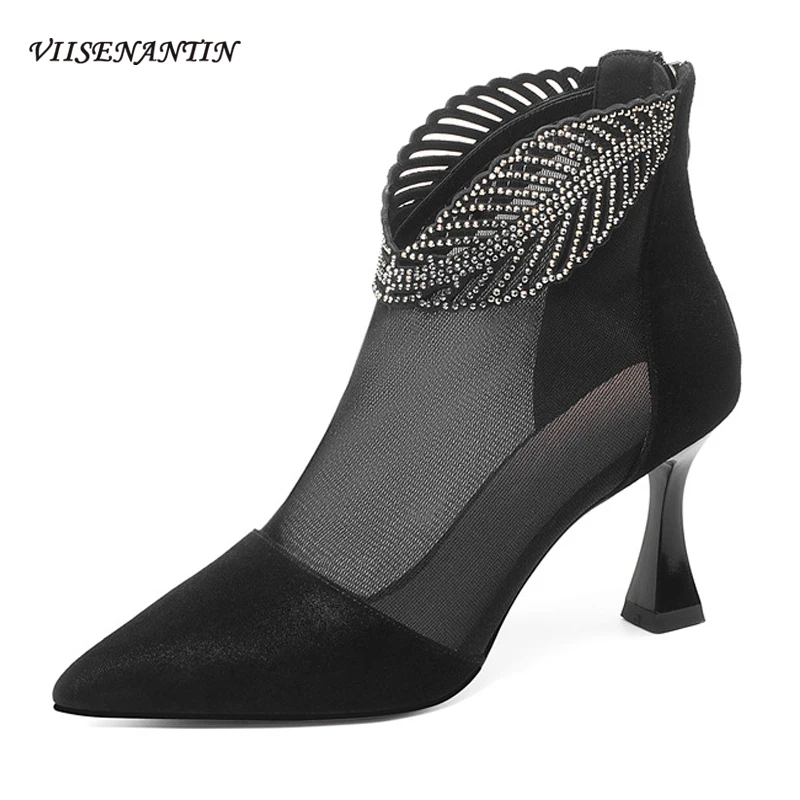 

Apricot Sexy Sandals Women's Spring and Summer Temperament Boots Fashionable Hollow Pointed Toe Back Zipper Stiletto Heels Shoes