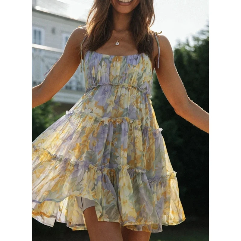 

Women Dress A-Line High Waist Print Chiffon Short Dress Boho Dress Holiday Beach Dress Spaghetti Strap