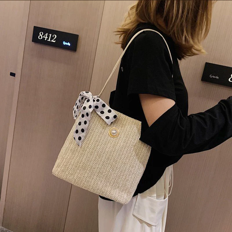 

Summer Personality Woven Bag Female 2021 Wave Wild Single Shoulder Bohemian Fashion Silk Scarf Straw Bolsa ABG013