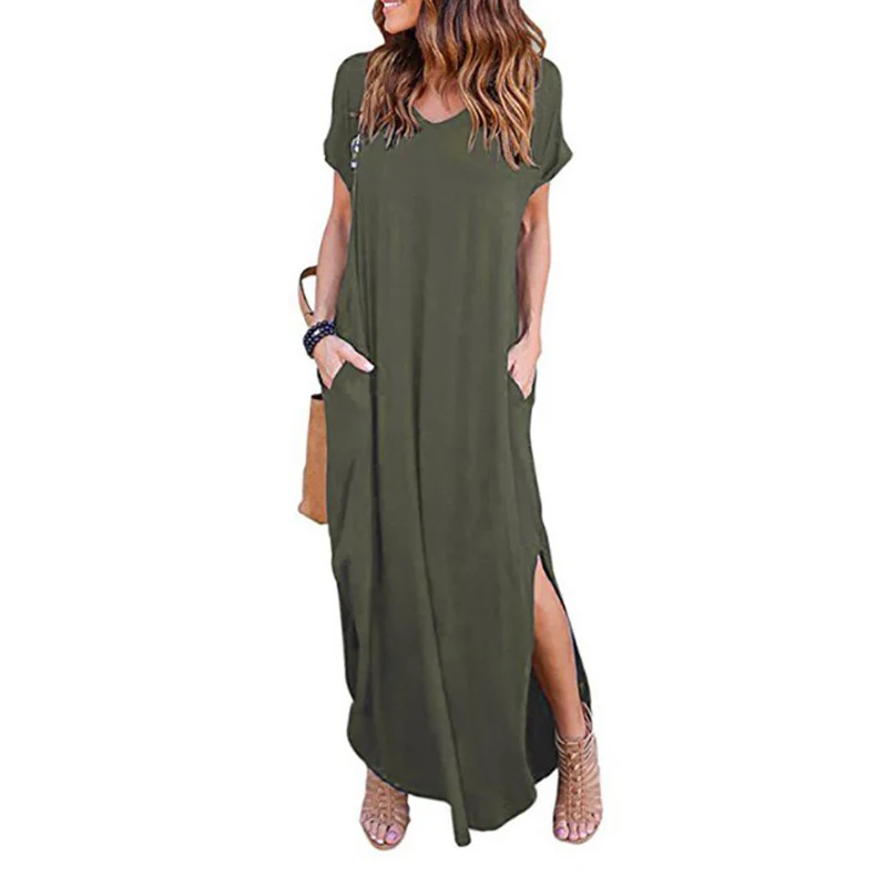 

2021 Plus Size 5XL Sexy Women Dress Summer Solid Casual Short Sleeve Maxi Dress for Women Long Dress Lady Dresses Vintage Dress