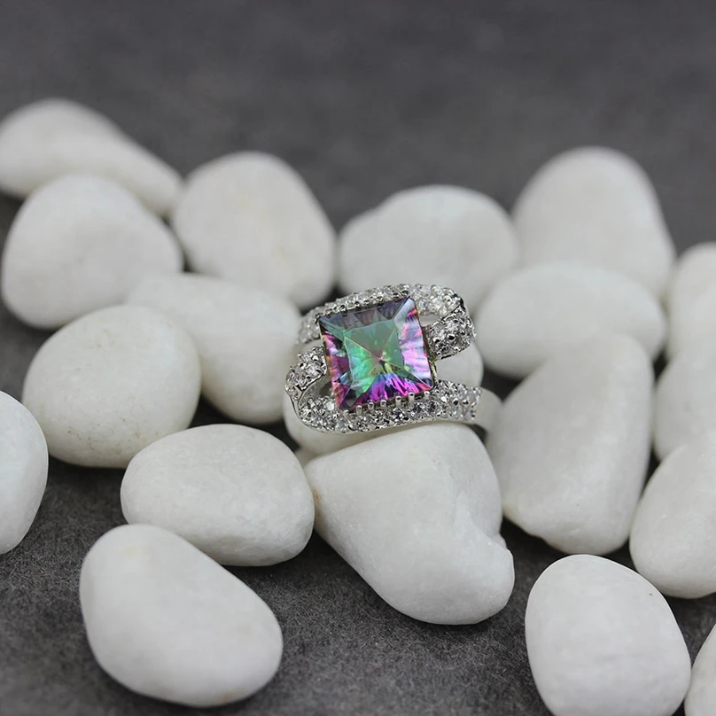SHUNXUNZE fashion Cute Engagement rings jewelry for women Rainbow and White Cubic Zirconia Rock Rhodium Plated R777 size 6 7 8 9 | Украшения