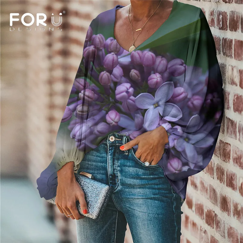FORUDESIGNS Large Size Purple Lilac 3D Flower Print Women Blouse 2019 Casual Loose Long Sleeve Tops V-neck Shirts Female | Женская