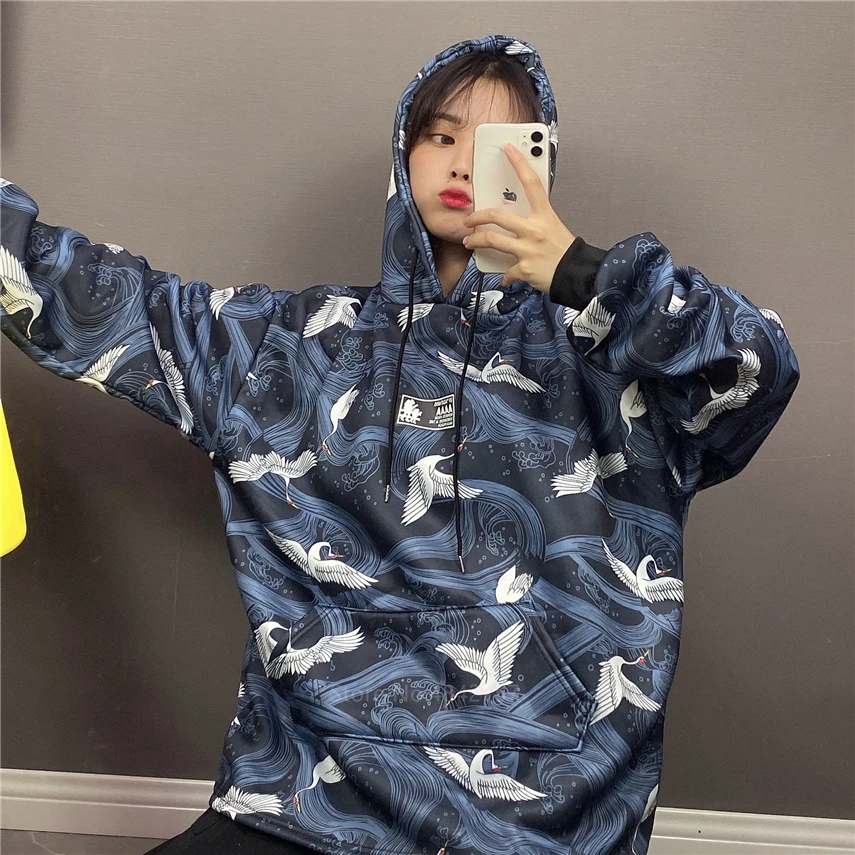 Худи женское с капюшоном укиё-э кимоно принтом журавля в японском стиле