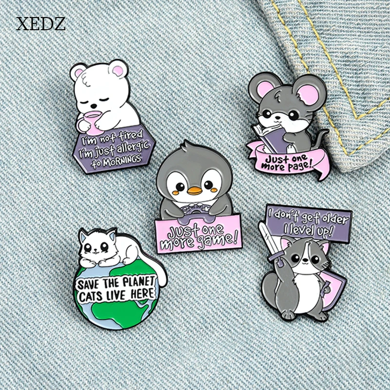 

XEDZ Cartoon Mouse Bear Penguin Cat Enamel Brooch Fashion Cute Animal Learn To Play Games Get Up To Protect Planet Badge Jewelry