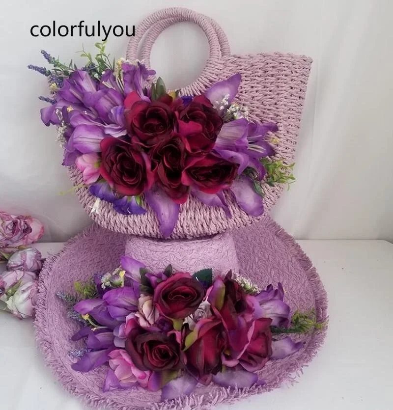 

Элегантная женская соломенная сумка с круглыми ручками, плетеные пляжные тоуты ручной работы с цветами из ротанга, богемные дорожные дамск...