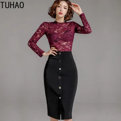 

TUHAO ELEGANT Women Long Sleeve Lace Shirt Hollow Out Blouse+ High Waist Pencil Black Skirt Set Office Lady 2 Pieces Set WM51