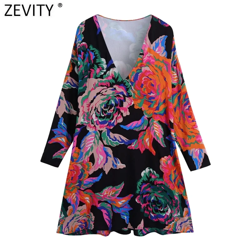 

ZEVITY New Women Vintage V Neck Contrast Color Floral Print Bow Sashes Mini Dress Female Chic Long Sleeve A Line Vestidos DS8963