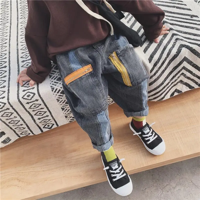 Boys Jeans 2020 New Autumn Casual Pants Trendy Version Stitching Small And Medium Vhildren's Loose Long Trend | Мать и ребенок