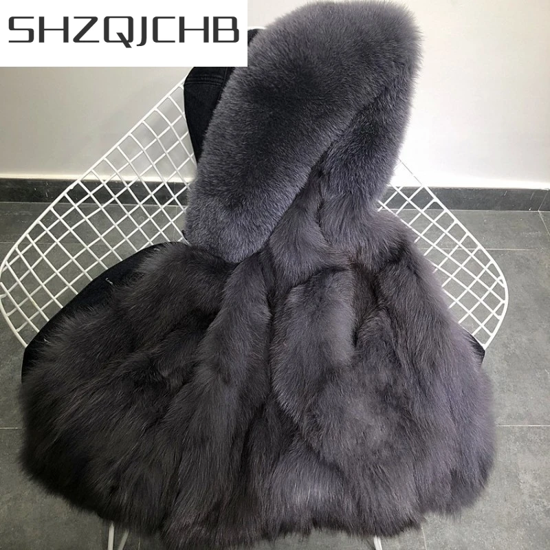 

JCHB 2021 Brand Luxury Womens Long Fur Coats Real Fox Fur Lining Warm Denim Coat Female Casual Single Breasted Hooded Jean Outer