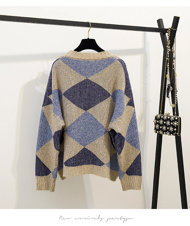 Вязаный клетчатый свободный джемпер с длинным рукавом свитера топы + твидовые