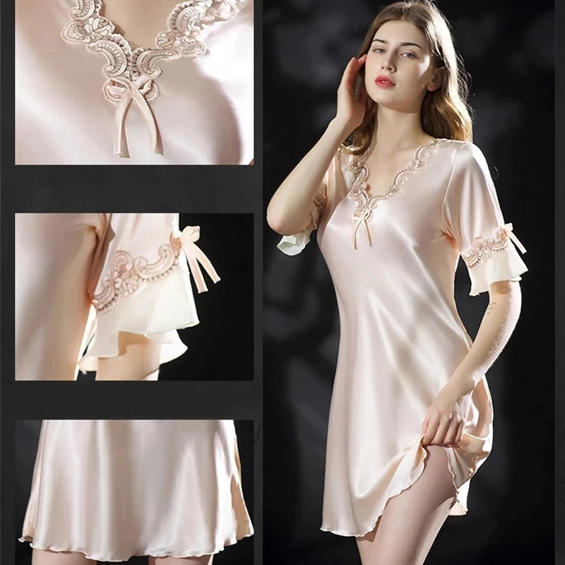Women's Short Night Dress Summer Short Sleeve Ladies Faux Silk Nightie Nightwear V Neck Sexy Satin Nightgowns for Female 2023