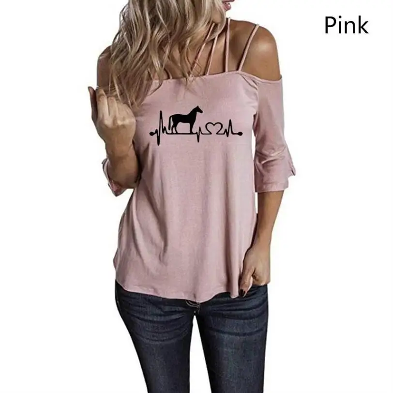 

Horse Heartbeat Line Off Shoulder Slings Sexy Print T Shirt Women Loose Women Tshirt Ladie Summer Fashion Tee Shirt Tops Clothes