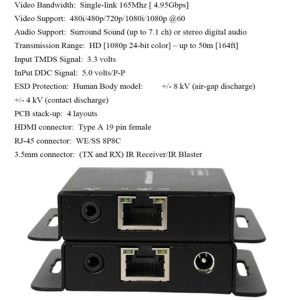 Двухпортовый HDMI расширитель сплиттер с ИК POE(HDMI ethernet порт+ HDMI петля) до 50 м с адаптером питания