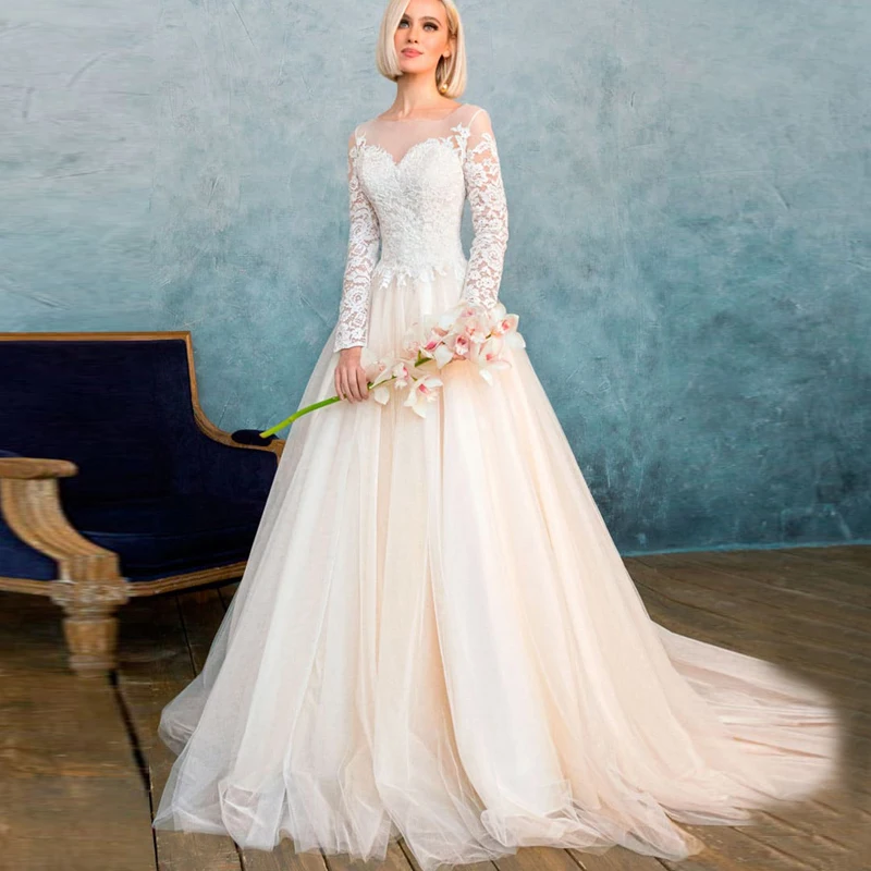 

Романтическое свадебное платье-трапеция с вырезом лодочкой и рукавами-крылышками, свадебное платье с лифом в виде иллюзии, женское атласно...