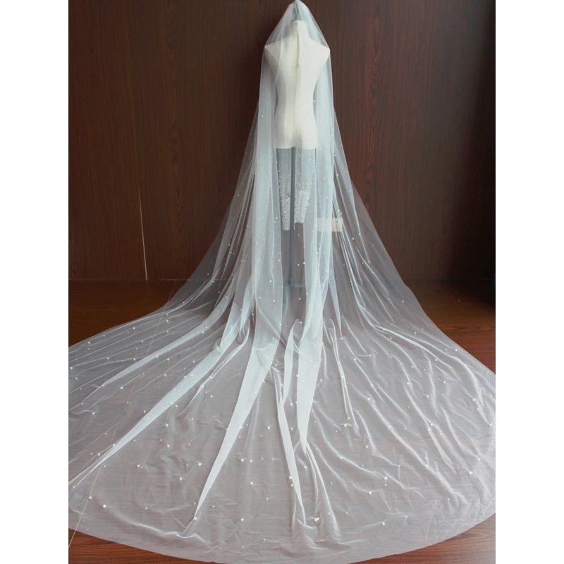 

Pearl Beading Trailing Cathedral Wedding Veil with Arm Cover Sleeves 2-TierBridal Party Jewelry Headpiece with Comb