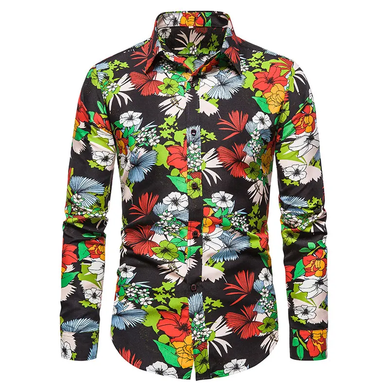 

50kg-100kg Mens Fashion Floral Printed Button Down Long Sleeve Hawaiian Shirts