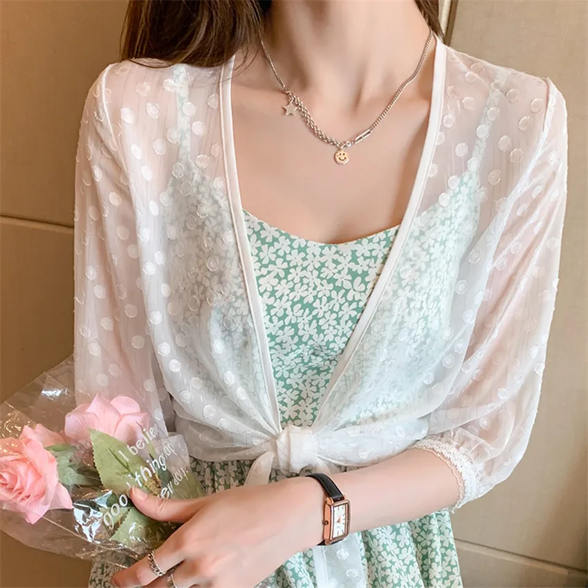 

Summer Open Stitch Kimono Cardigan Black White Chiffon Blouse Womens Tops And Blouses Beach Cover Up Short Cardigans Mujer