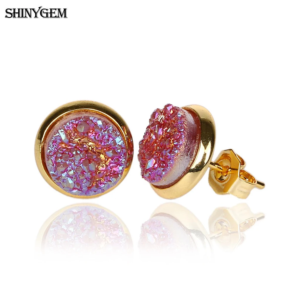 Модные круглые серьги гвоздики ShinyGem 8 мм с натуральным кристаллом позолоченные