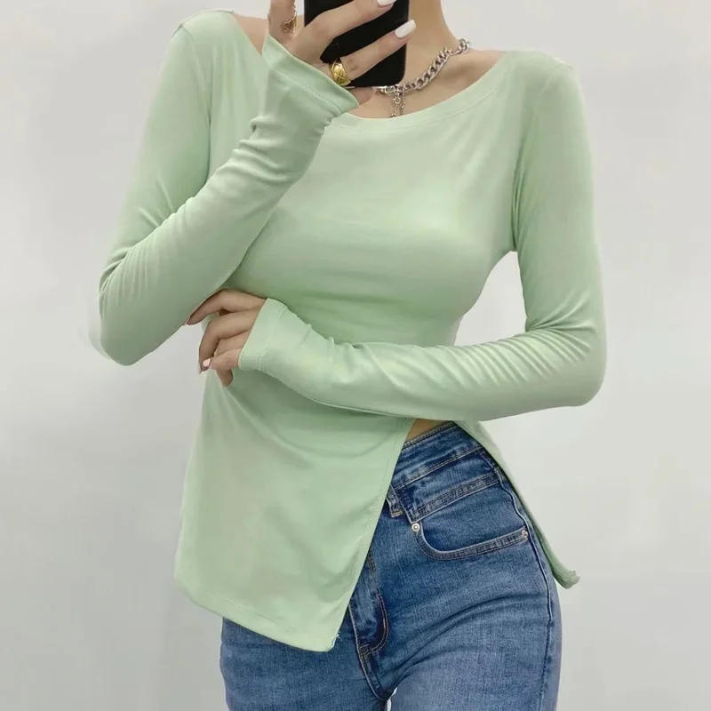 

Женский топ GAGA с разрезом сбоку и длинным рукавом, облегающая футболка с длинным рукавом и разрезом WN5B