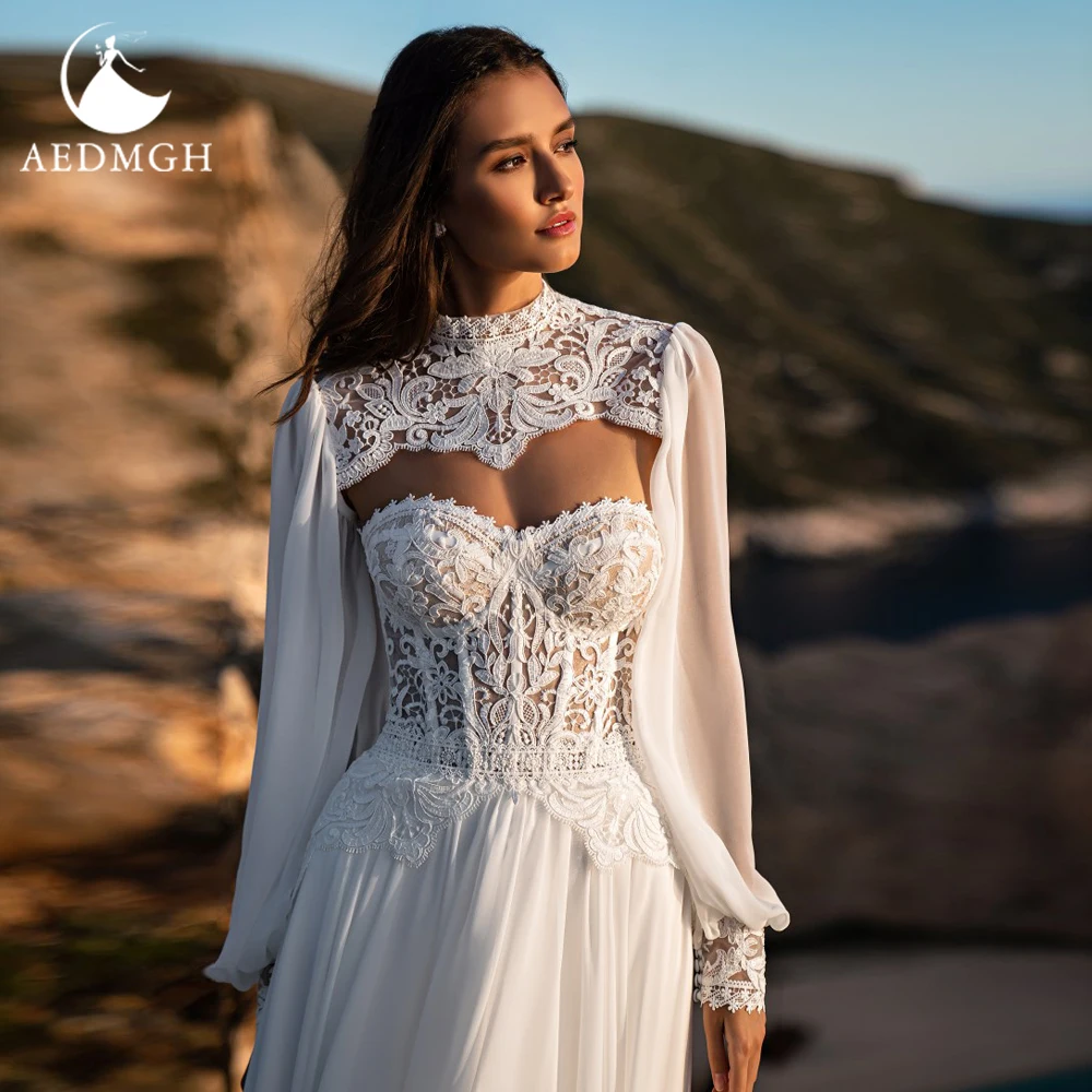 

Женское свадебное платье-трапеция Aedmgh, Пляжное Платье 2 в 1 из тюля с длинными рукавами-фонариками, аппликацией в стиле бохо, 2022