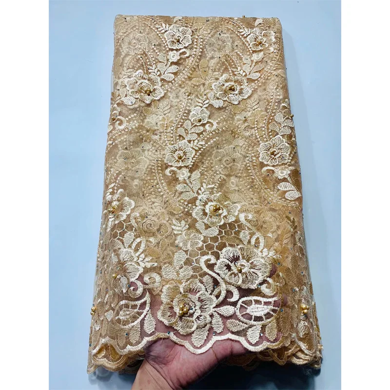 

Nigerian Lace Fabric Gold High Quality Lace Lace Fabric Wedding African With Beads Nigerian French Lace Fabric 5yards