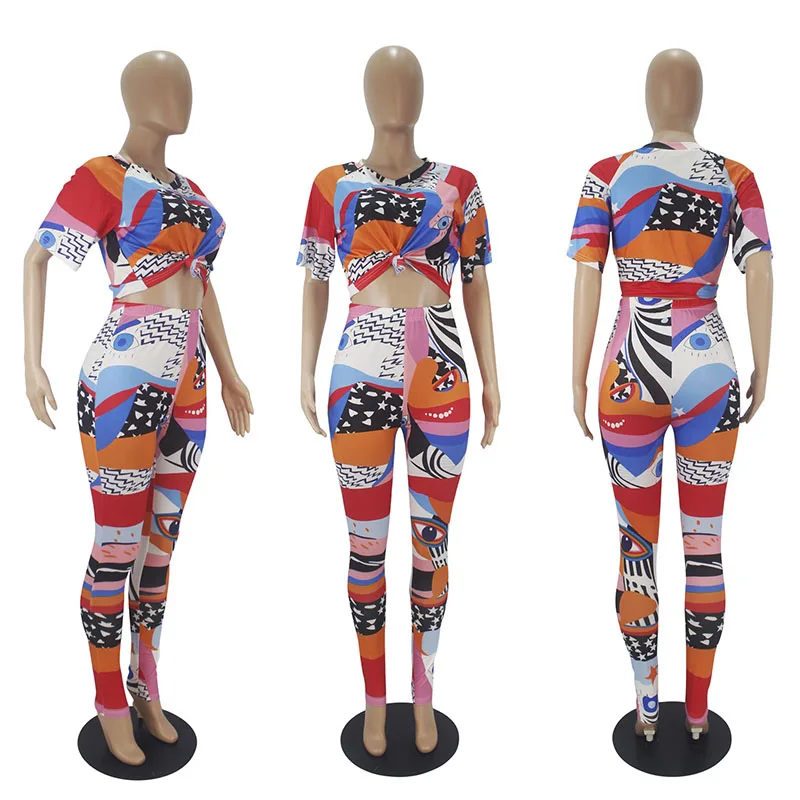 

2021 Spring Women's Casual Suits Fashion Graphic Print Short Sleeve Trousers V-neck Two-piece Sets for Women Outfit
