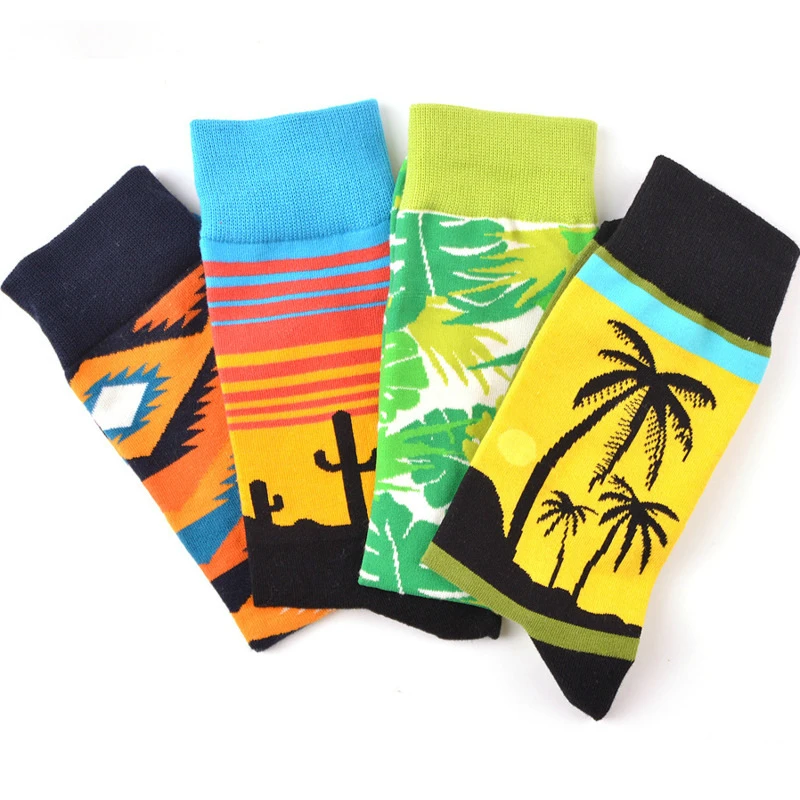 5 Pairs/Men's Socks Men Cotton Creative Pattern Crew Socks Man Street Skate Hip Hop Mid-tube Socks Coconut Tree Cactus pineapple