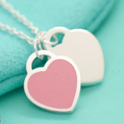 pink double hearts DOYUBO бренд, чистое серебро, Красная эмаль, талисман Двойное сердце, ожерелье для женщин, свадебные 925 пробы, серебряные цепочки с сердечком, ювелирные изделия VA174 - Окраска металла: pink double hearts