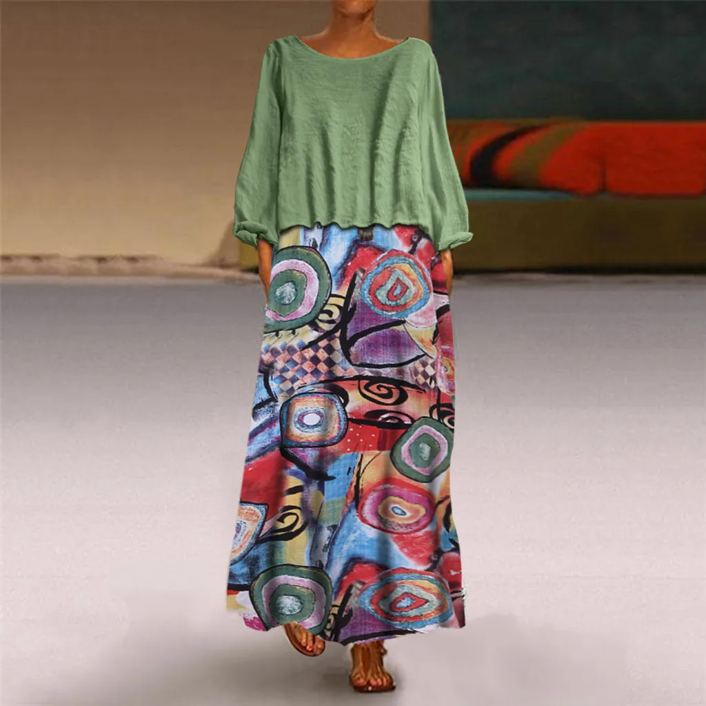 2019 Весна Лето Новое Женское винтажное платье из двух частей с этническим принтом