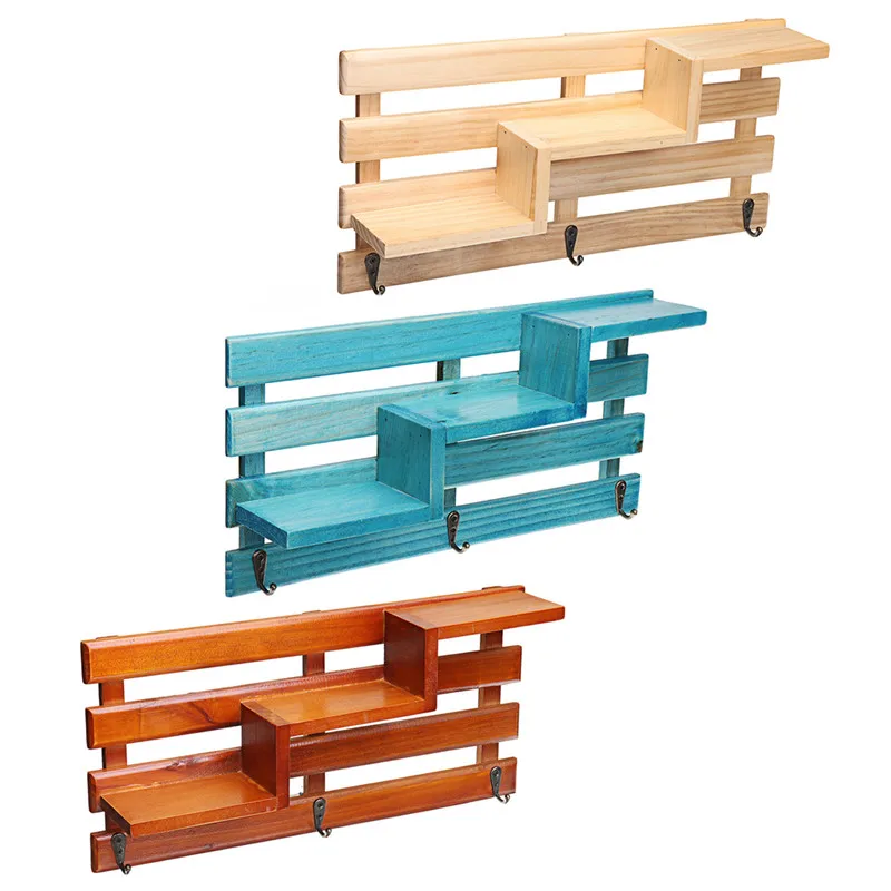 

NEW Wood Wall Mounted Shelf Holder Storage Rack Organizer Kitchen Bathroom Three Layer Key Hanging Holder Home Decoration