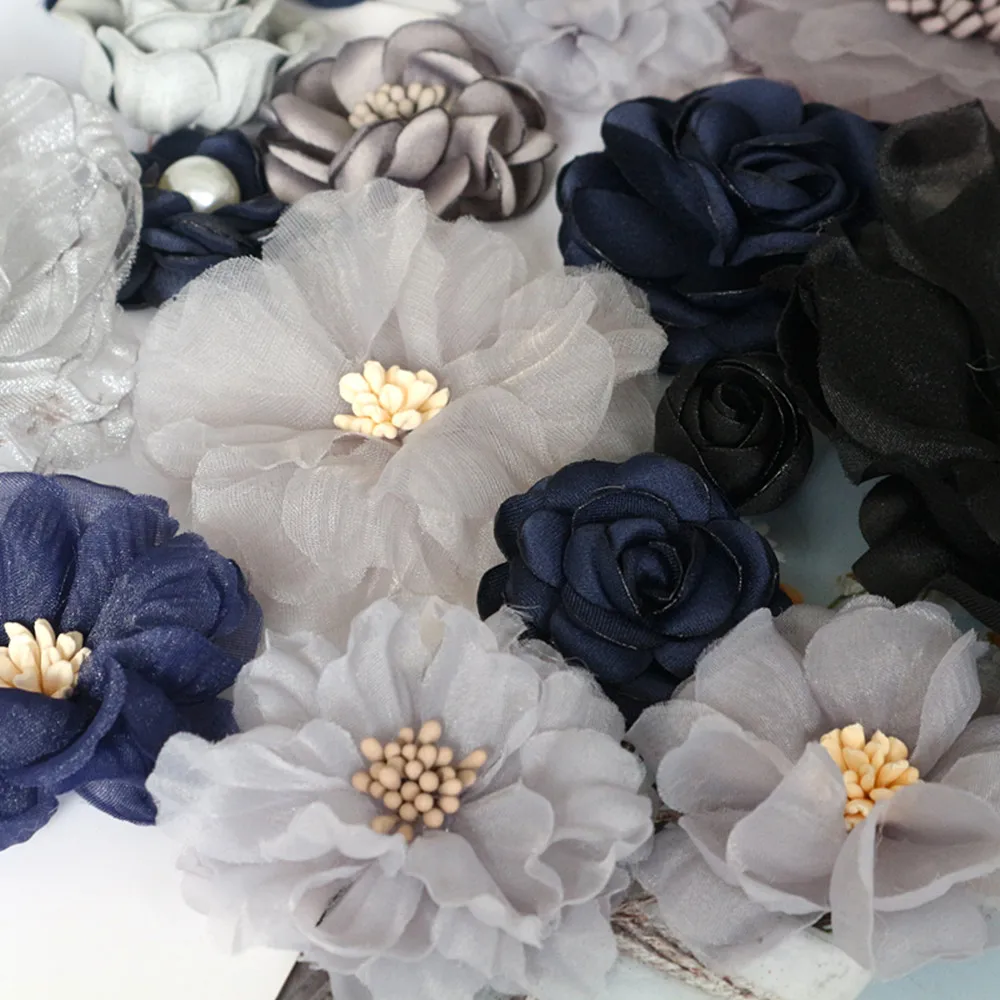 10 шт./лот серия серый черный Камелия Роза шифоновая ткань цветок для свадебного