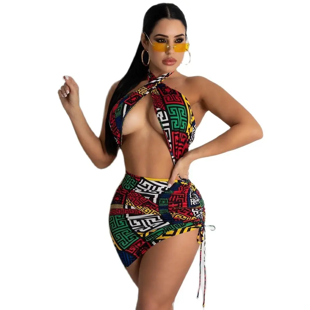 

Bohemian Beach&Pool Party Swimsuit New Style Occident Women's Sexy Split Strap Swimsets 4 Pieces Sets With Headdress LS64276028