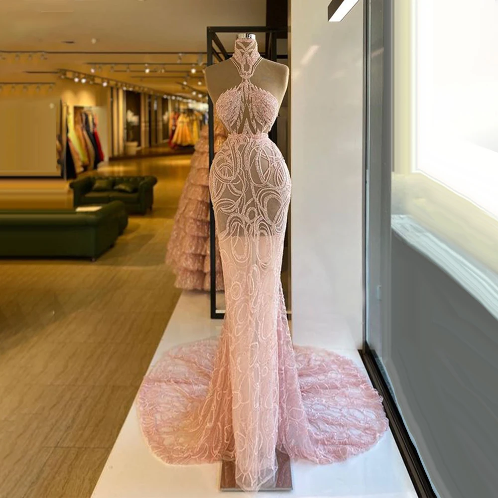 

High Neck Sleeveless Summer Pink Formal Dresses Evening Gown robe de soire de mariage