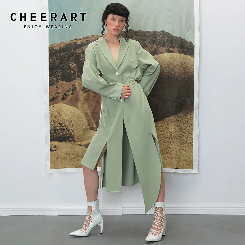 Дизайнерский Тренч CHEERART Зеленое Длинное Асимметричное пальто с вырезами на