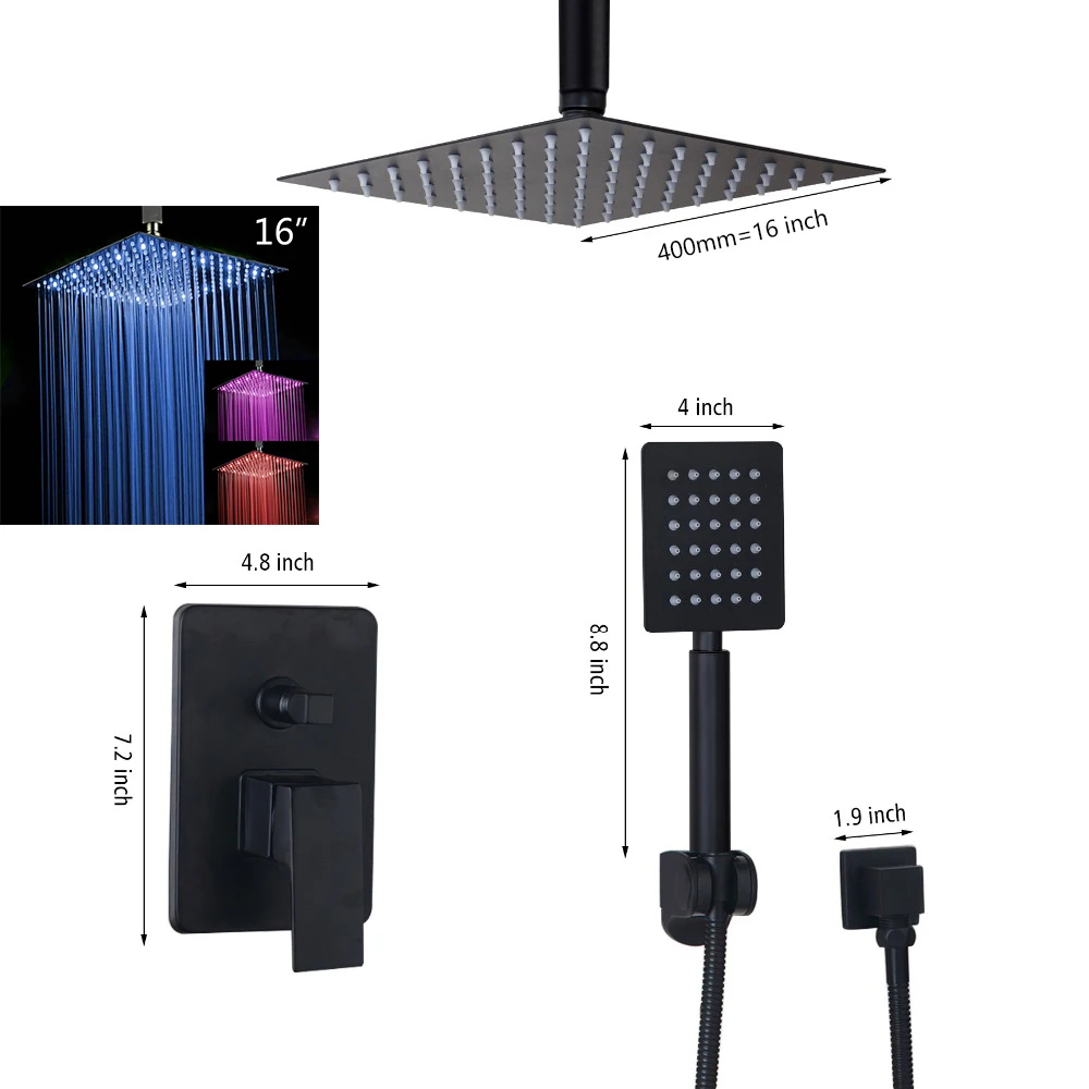 led16inch shower A Monite черный набор душевых смесителей для ванной комнаты, черное потолочное крепление 8 12 16 светодиодный смеситель для душа W/смеситель для ручного душа - Цвет: led16inch shower A