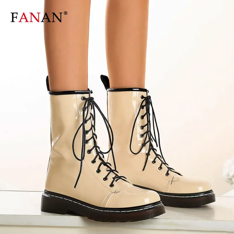 

FANAN/ботильоны; Женские мотоциклетные ботинки из лакированной кожи; Осенняя обувь на низком каблуке; Женские короткие ботинки с круглым носк...