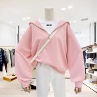pinkhooded sweater women autumn thin section solid color simple zipper long sleeved casual wild loose and thin fashion top2021
