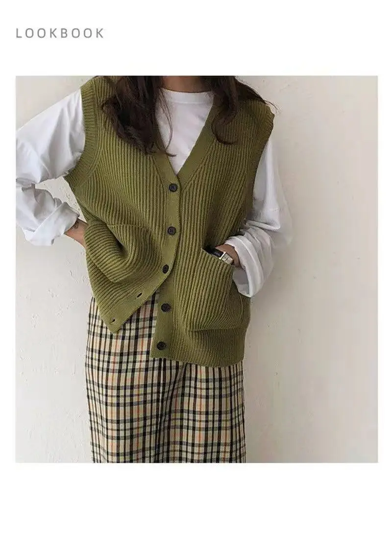 

2021 New Women's Vest Spring Autumn Fashion Korean Style Sleeveless Jackets Lazy Casual Loose Oversize Pockets Cardigans Female