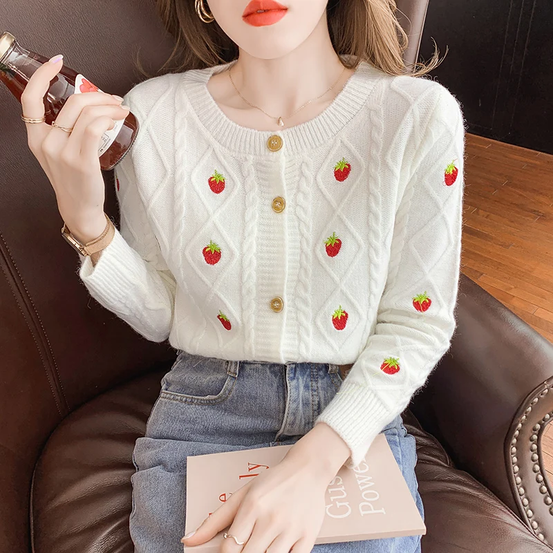 

Oneimirry New Strawberry Cropped Cardigan Women Fall Clothes Fashion Button Embroidery Knitted Coat Cute Sweater Cardigans 2021